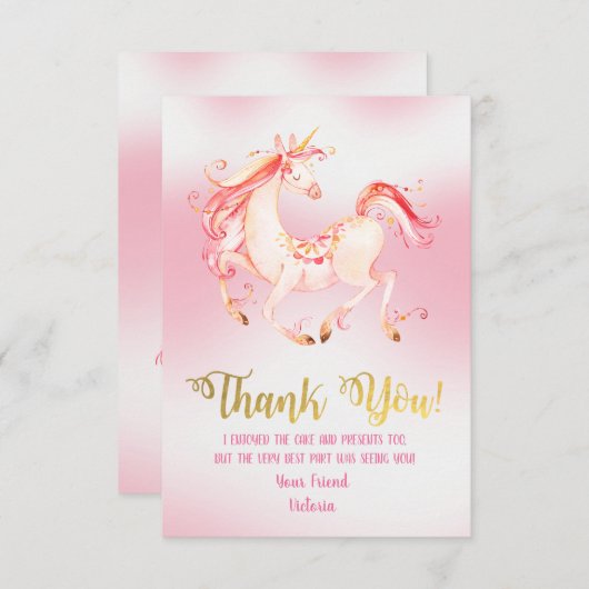 Belle Unicorne Merci cartes de notes (Devant / Derrière)