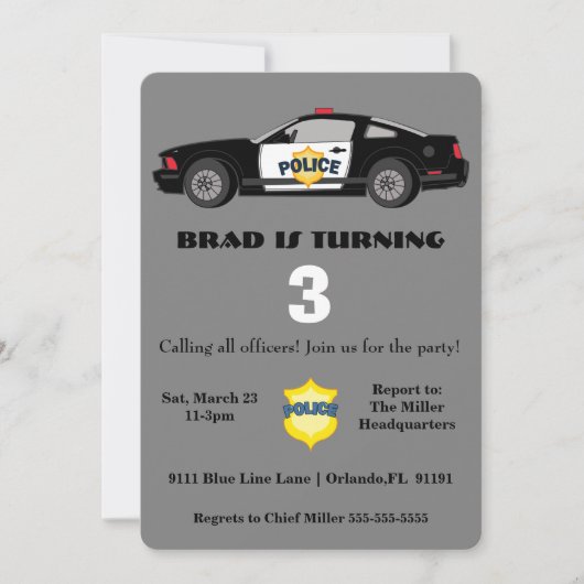 Belle voiture de police Anniversaire Invitation (Devant)