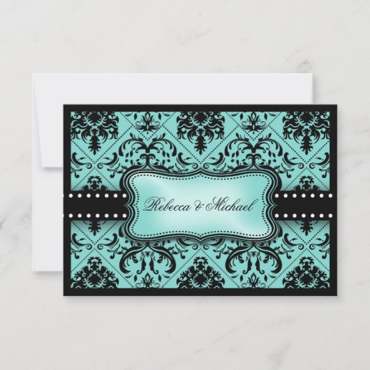 Belles cartes RSVP Aqua Bleu & Noir Damas (Devant)