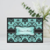Belles cartes RSVP Aqua Bleu & Noir Damas (Debout devant)