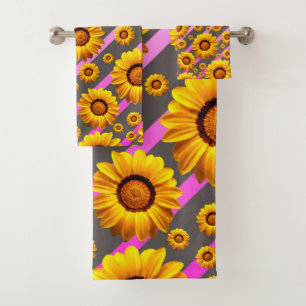 Belles fleurs jaunes sur gris, rayures roses