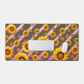 Belles fleurs jaunes sur gris, rayures roses (Clavier et souris)