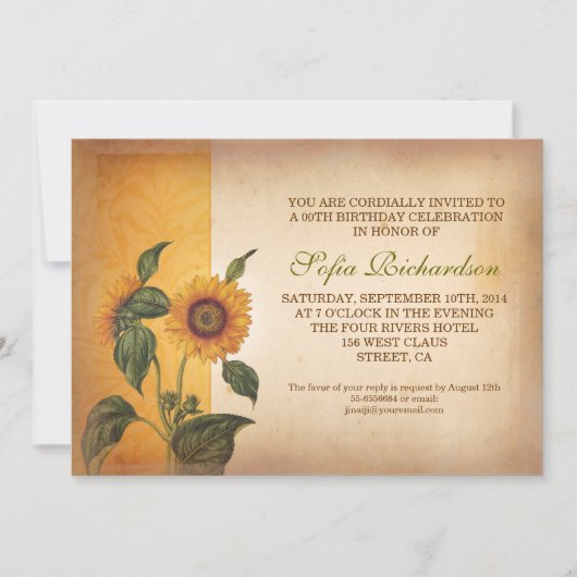belles fleurs vintages de soleil invitations anniv (Devant)