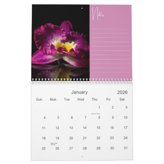 Belles orchidées avec Notes Calendrier mural (Jan 2026)