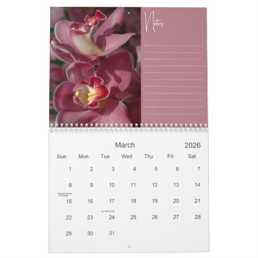 Belles orchidées avec Notes Calendrier mural (Mar 2026)