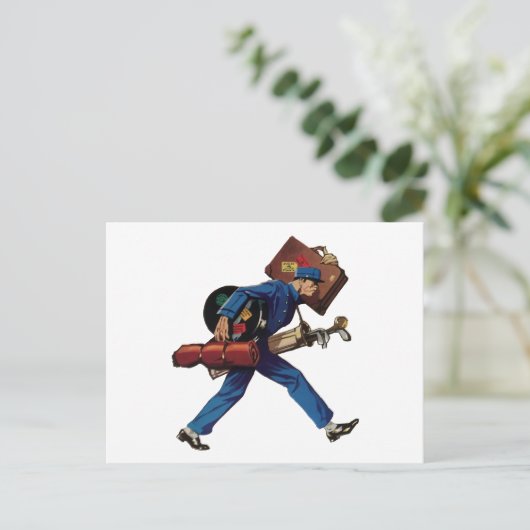 Bellhop in Uniform, Suitcase en Golf Club Briefkaart (Staand voorkant)