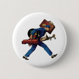 Bellhop in Uniform, Suitcase en Golf Club Ronde Button 5,7 Cm
