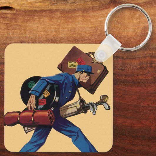 Bellhop in Uniform, Suitcase en Golf Club Sleutelhanger (Achterkant)