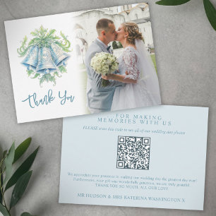 Bells groen blauw grijs trouwfoto QR Code Bedankkaart