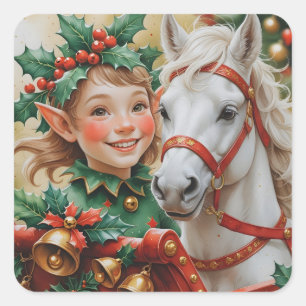 Bells Holly en Horse Christmas Elf Vierkante Sticker