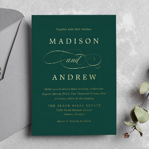 Beloved Emerald Green and Gold Calligraphy Wedding Folie Uitnodiging