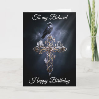 Beloved Personalized Gothic Cross Raven Birthday Kaart