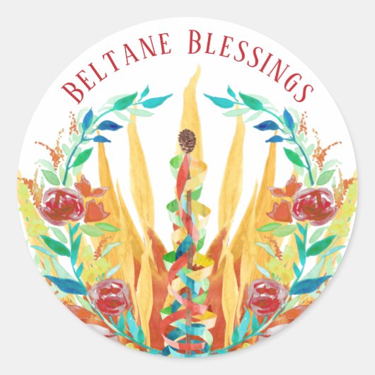 Beltane Fire Maypole & Summer Flowers Ronde Sticker (Voorkant)
