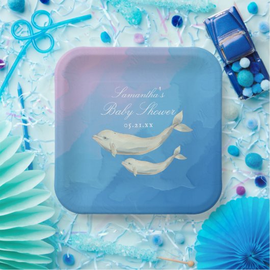 Beluga Whale Mam en Calf Baby shower Papieren Bordje (Feest)