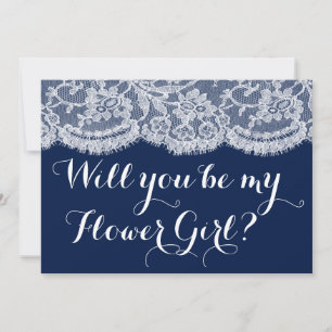Ben je mijn Bloemenmeisje? Navy Blue & White Lace Kaart