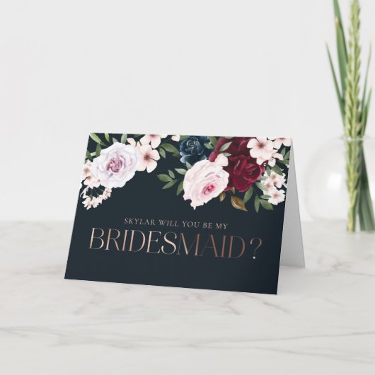 Ben je mijn Bridesmaid? Burgundy & Navy Florals Kaart (Voorkant)
