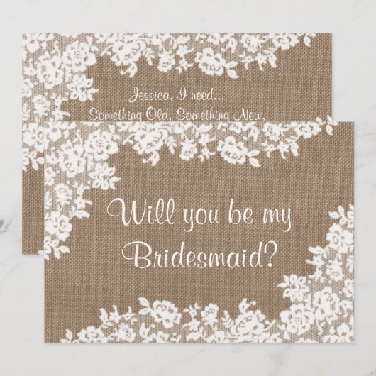 Ben je mijn Bridesmaid? Rustic Burlap & Lace Kaart (Voorkant / Achterkant)