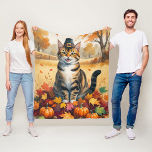Bengaal Kat in Herfstbladeren Thanksgiving Kunst Fleece Deken