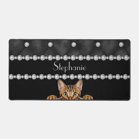 Bengaalse kat diamanten op zwarte bureaumat (Voorkant)