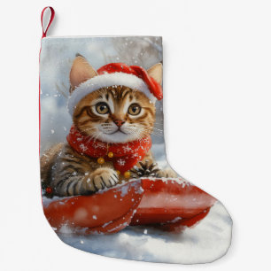 Bengaalse kat in slee laat het sneeuwen Kerstmis Kleine Kerstsok