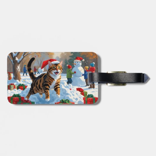 Bengaalse kat Kerstmis feestelijke sneeuw scene Bagagelabel (Achterkant horizontaal)