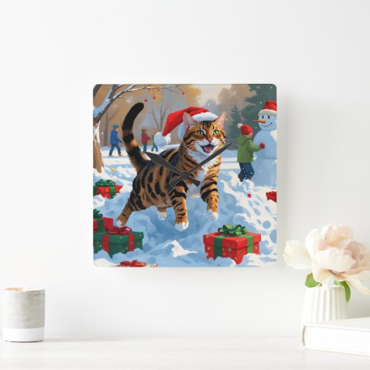 Bengaalse kat Kerstmis feestelijke sneeuw scene Vierkante Klok (Huis)