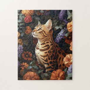 Bengaalse kat omringd door prachtige bloemen legpuzzel