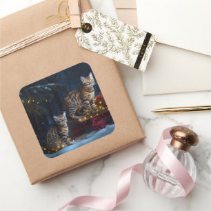 Bengaalse Kat Sneeuwrijke slee-rit Kerst Decoratie Vierkante Sticker