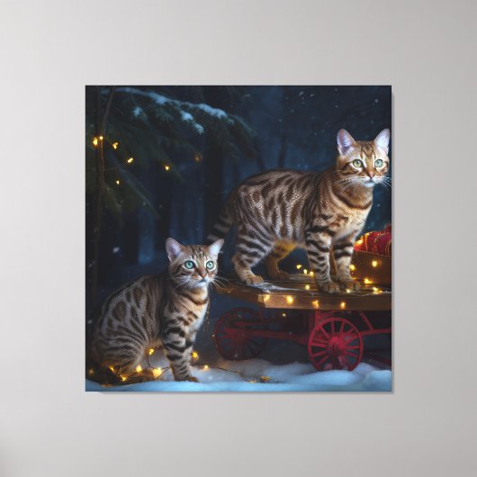 Bengalen Kat Snowy Sleigh Ride Kerstmisdecor Canvas Afdruk (Voorkant)