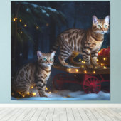 Bengalen Kat Snowy Sleigh Ride Kerstmisdecor Canvas Afdruk (Insitu (Houten vloer))