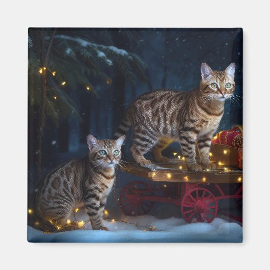 Bengalen Kat Snowy Sleigh Ride Kerstmisdecor Magneet (Voorkant)