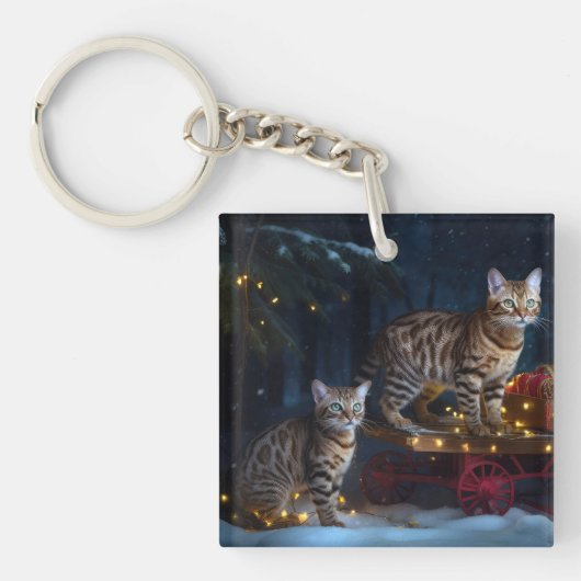 Bengalen Kat Snowy Sleigh Ride Kerstmisdecor Sleutelhanger (Voorkant)