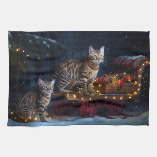 Bengalen Kat Snowy Sleigh Ride Kerstmisdecor Theedoek (Horizontaal)