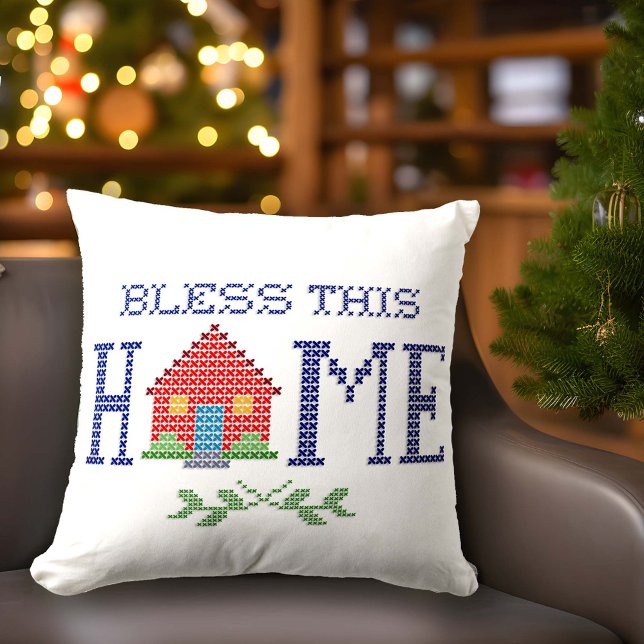 Bénissez ce Coussin domestique (Add a touch of love to your home with our "Bless This Home" pillow, original cross stitch design.)