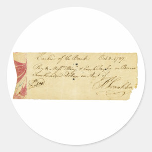 Benjamin Franklin Ondertekende cheque 2 oktober 17 Ronde Sticker