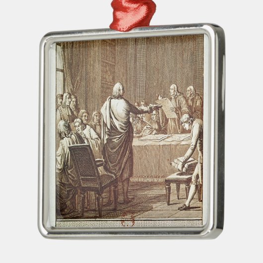 Benjamin Franklin presenteert zijn oppositie Metalen Ornament (Links)