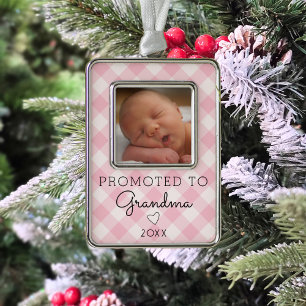 Benoemd tot Oma Baby Foto Roze Gingham Retro Verzilverd Kader Ornament