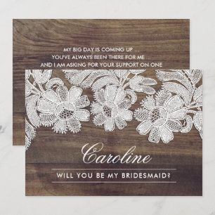 Bent u mijn Bridesmaid? Barn Wood White Lace Kaart