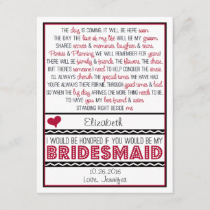 Bent u mijn Bridesmaid? Diep rood/zwart gedicht Kaart