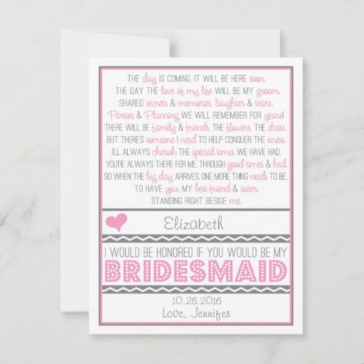 Bent u mijn Bridesmaid? Roze/grijze gedicht kaart (Voorkant)