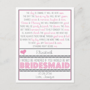 Bent u mijn Bridesmaid? Roze/grijze gedicht kaart