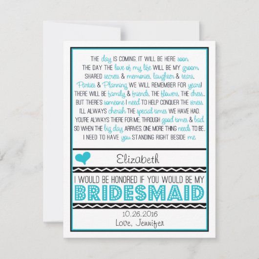 Bent u mijn Bridesmaid? Turquoise/Black Poem V2 Kaart (Voorkant)