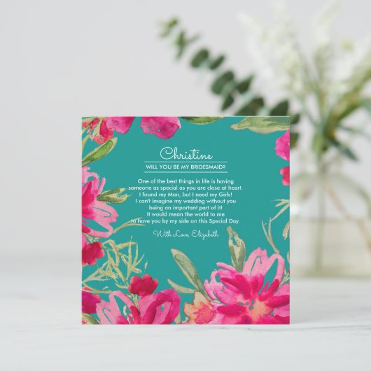 Bent u mijn Bridesmaid? Turquoise Fuchsia Kaart (Staand voorkant)