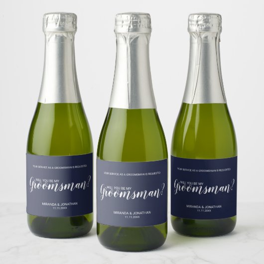 Bent u mijn Groomsman? Modern Script Navy Blue Sparkling Wijnetiket (Flessen)