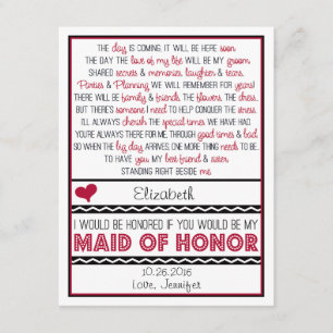 Bent u mijn Maid of Honor? Diep rood/zwart gedicht Kaart