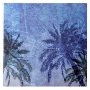Bercelona Blue Palm-boom Grunge Digital Art Design Tegeltje