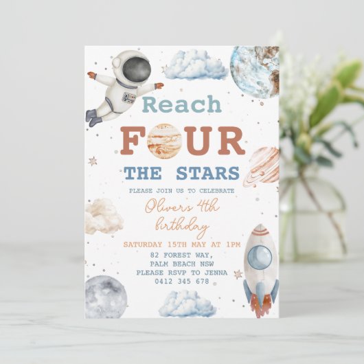Bereik Four The Stars Boy Space 4e verjaardag Kaart (Staand voorkant)