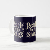Bereik voor de sterren hemelse typografie kunst koffiemok (Voorkant links)
