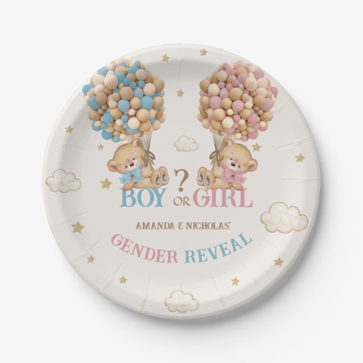 Beren ballonnen roze blauw boho gender onthullen papieren bordje (Voorkant)