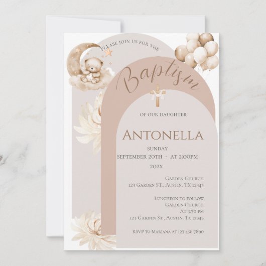 Beren en ballonnen meisje doop uitnodiging (Voorkant)